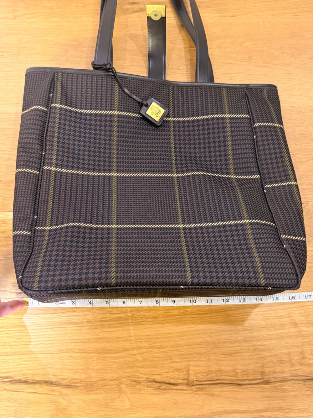 Lauren Ralph Lauren Plaid Tote Bag Brown, beige, Green Windowpane Shoulder Purse - Picture 4 of 16